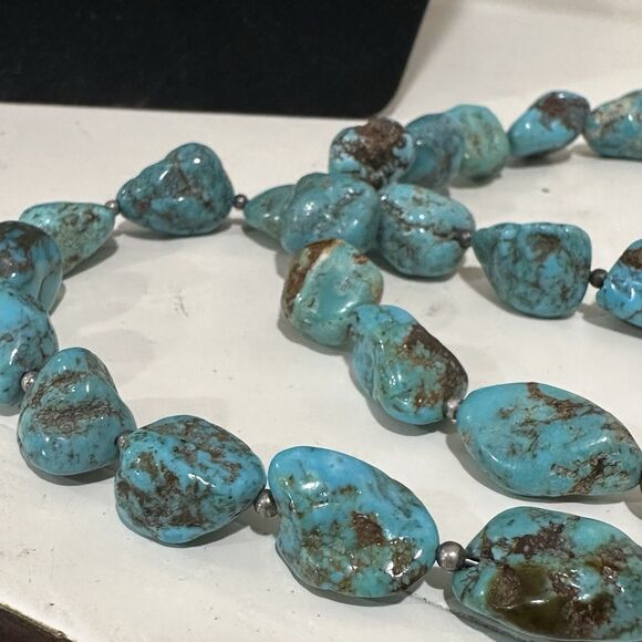 Vtg Native American Turquoise Boulder Nugget Necklace Sterling Silver W Heshi - Picture 9 of 10